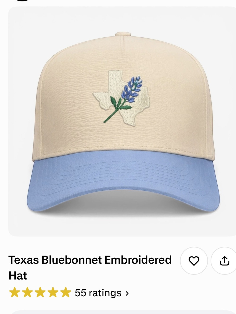 Texas Bluebonnet Embroidered Cap in Cream and Light Blue